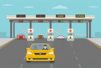 Cars passing through checkpoint to pay road toll at highway. Flat vector illustration template.