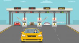 Cars passing through checkpoint to pay road toll at highway. Flat vector illustration template.