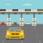 Cars passing through checkpoint to pay road toll at highway. Flat vector illustration template.
